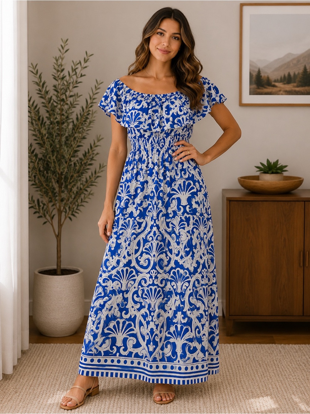Royal Blue Printed Off-Shoulder Maxi Dress